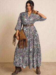 Freevana Plus Size Women Paisley Print Notched Neck Ruffle Sleeve Casual Vacation Dress, Spring/Autumn - Apricot - View 6