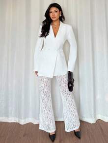 Almamuse Women's Elegant Loose Double-Breasted Long Sleeve Blazer Jacket And Flared Lace Pants Set, Spring/Autumn White Blazer Women Women Suit Set White Suits For Woman White Pants Suit Women White Outfits - White - View 3