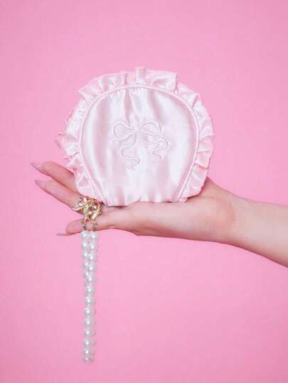 Kawaii 1pc Butterfy Embroidery Seashell Ruffle Coin Purse, Portable Makeup Jewelry Storage Pouch, Traveling Accessory With Pearl Decor Gift