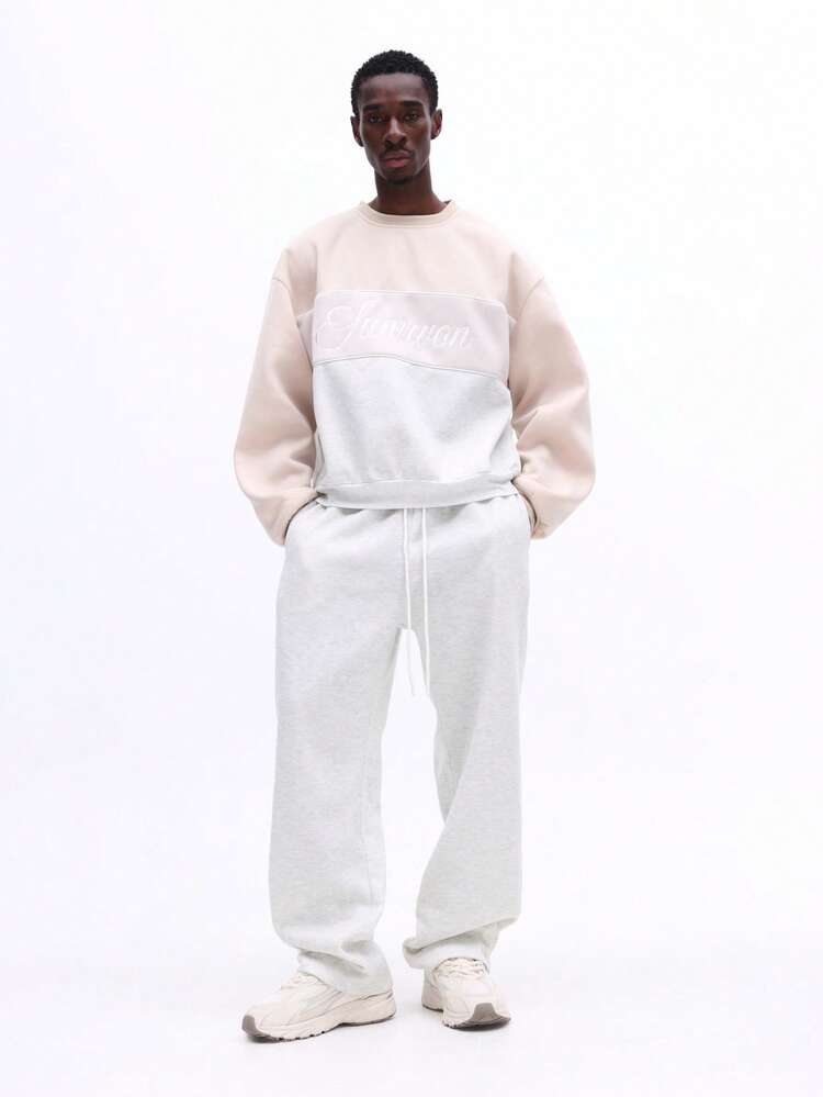 SUMWON Casual Boxy Fit Color Block Crew Neck Sweatshirt And Matching Sweatpants Co Ord Set With Script Logo Print
