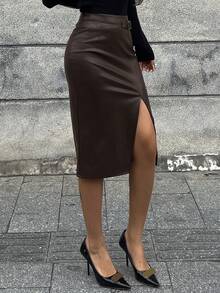 DAZY Gonna casual ed elegante in pelle PU con spacco, stile Y2K per donna - Castano - Visualizzare 4