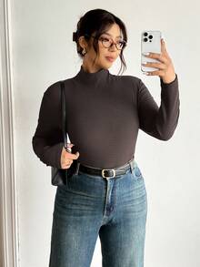 Lounesse 大码女式纯色高领长袖休闲百搭T恤 - 棕色 - 查看 1