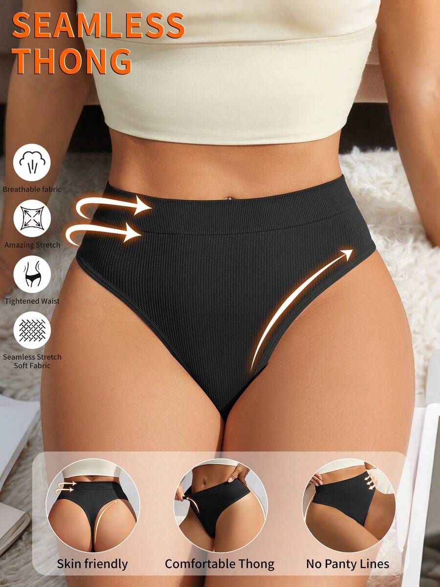 SHEIN 1 件女士无缝简约舒适丁字裤 - 黑色 - 查看 1