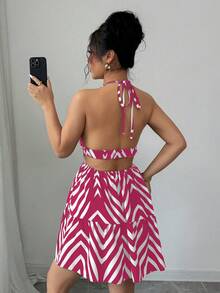 Elenzga 女士波西米亚风印花吊带露背休闲度假吊带裙 - 玫紅色 - 查看 2