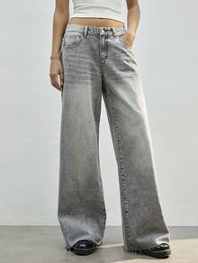 Maija 女士纯色口袋休闲直筒牛仔裤 - 淺灰色 - 查看 5