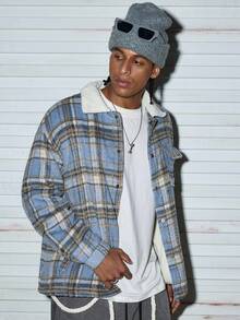 Modcrash 男士时尚格子针织加厚保暖抓绒内衬外套，秋冬款 - 藍色 - 查看 6