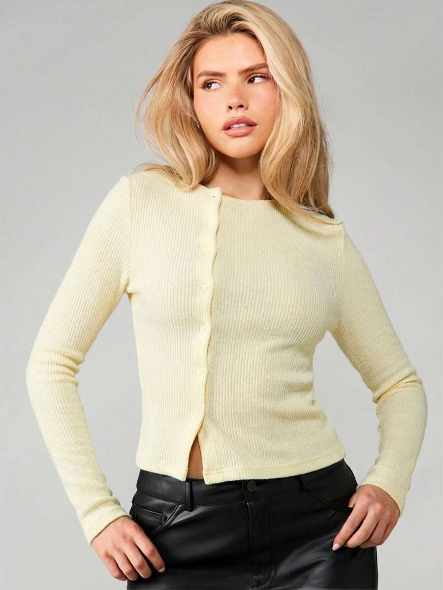 MISSGUIDED 罗纹纽扣开衫长袖圆领针织毛衣秋冬必备叠穿上衣 - 奶油色 - 查看 1