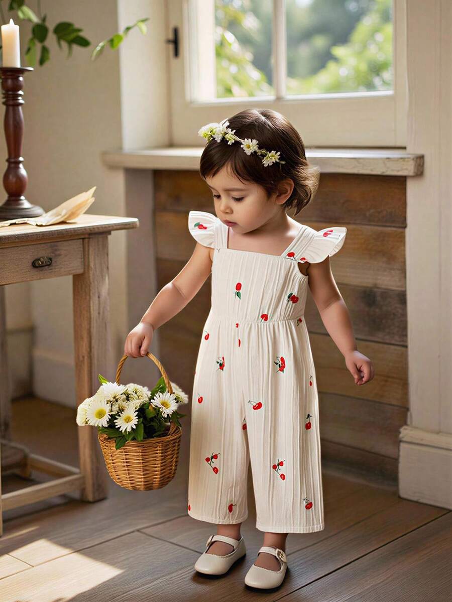 SHEIN Vintaside Kids Baby Girls' Casual Minimalist Cherry Print Ruffle Strap Romper, Beige, Suitable For Everyday Wear, Outdoor, Photography, Spring/Summer