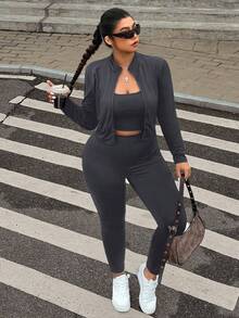SHEIN EZwear 3pcs Plus Size Dark Grey Vest, Jacket And Elastic Lightweight Yoga Pants Set - Dark Grey - View 9