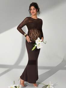 Cheriluna Maternity Solid Color Lace Long Sleeve Long Ruffle Mermaid Hem Maternity Photography Dress - Brown - View 1