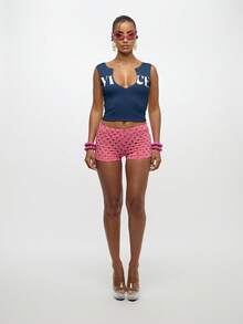 SUMWON WOMEN Notch Neck Tank Top With Text Print For Summer Casual Everyday Wear - Navy Blue - View 3