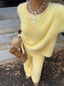 SHEIN EZwear 女士休闲蓬松黄色宽松套头衫 - Butter Yellow - 查看 7