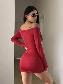 StreetHx 女士酒红色露肩复古印花修身迷你连衣裙，春秋季 - 酒紅色 - 查看 2