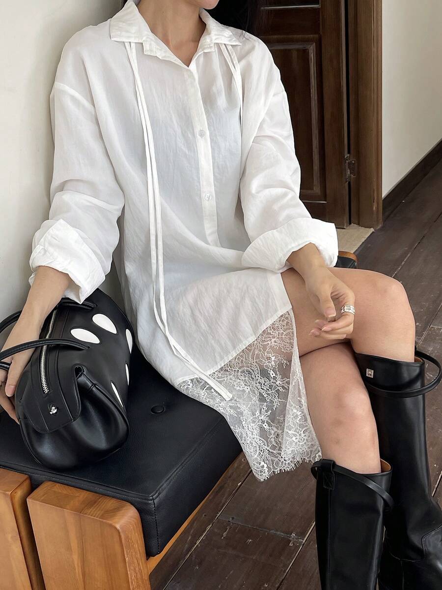 DAZY Contrast Lace Loose Long Tie Waist Long Sleeve Elegant Sexy Women Blouse, Spring/Autumn - White - View 1