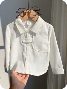 SHEIN Ropa de bebé niño, blusa de manga larga tejida de cuello blanco versátil y casual, estilo minimalista básico y cómodo, adecuado para primavera, verano, otoño, invierno, interior, exterior, diario, deportes, fiesta, sesión de fotos, festival, ropa de calle, Navidad, Año Nuevo, regreso a la escuela, camisa de bebé con botones - Blanco - Ver 3