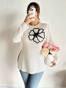 Lounesse Camiseta de punto con cuello redondo y diseño de abertura lateral para mujer talla grande, camiseta casual cómoda de talla grande - Beis - Ver 6