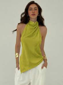 Aloruh Women's Solid Color Halter Backless Asymmetric Hem Sleeveless Top - Olive Green - View 3