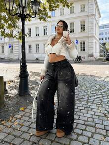 Dripcurv Quần jean ống đứng rộng rãi, màu đen, phong cách cổ điển, dành cho nữ cỡ lớn, quần jean đen đính đá, trang phục cho năm mới, Giáng sinh. - màu đen - Xem 3