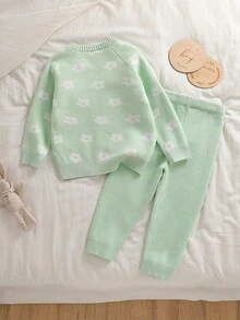 SHEIN Bộ áo len dài tay cổ tròn họa tiết hoa và quần dài màu trơn cho bé gái sơ sinh/trẻ mới biết đi - Màu xanh Bạc hà - Xem 2