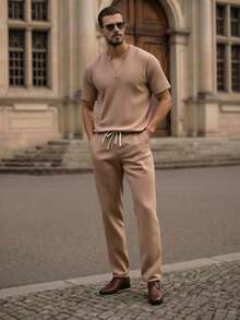 Manfinity VCAY Men's Solid Notched Neck Polo Shirt & Pants Set Casual Two Piece Set Men Apricot Men Outfit Linen Men Set Men S Co Ord Set Brown Sets For Men - Multicolor - View 5