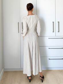 Siren Gaze 女款優雅條紋長袖洋裝，黑白格紋，秋季，優雅，職場，端莊褶皺收腰修身長裙，適合派對與通勤 - 彩色 - 查看 2