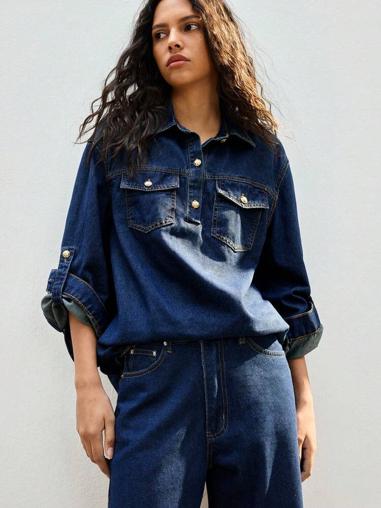 SHEIN Maija Women's Raw Denim Long-Sleeved Shirt With Gold Metal Buttons Autumn/Winter Old Money Style Casual For Women
