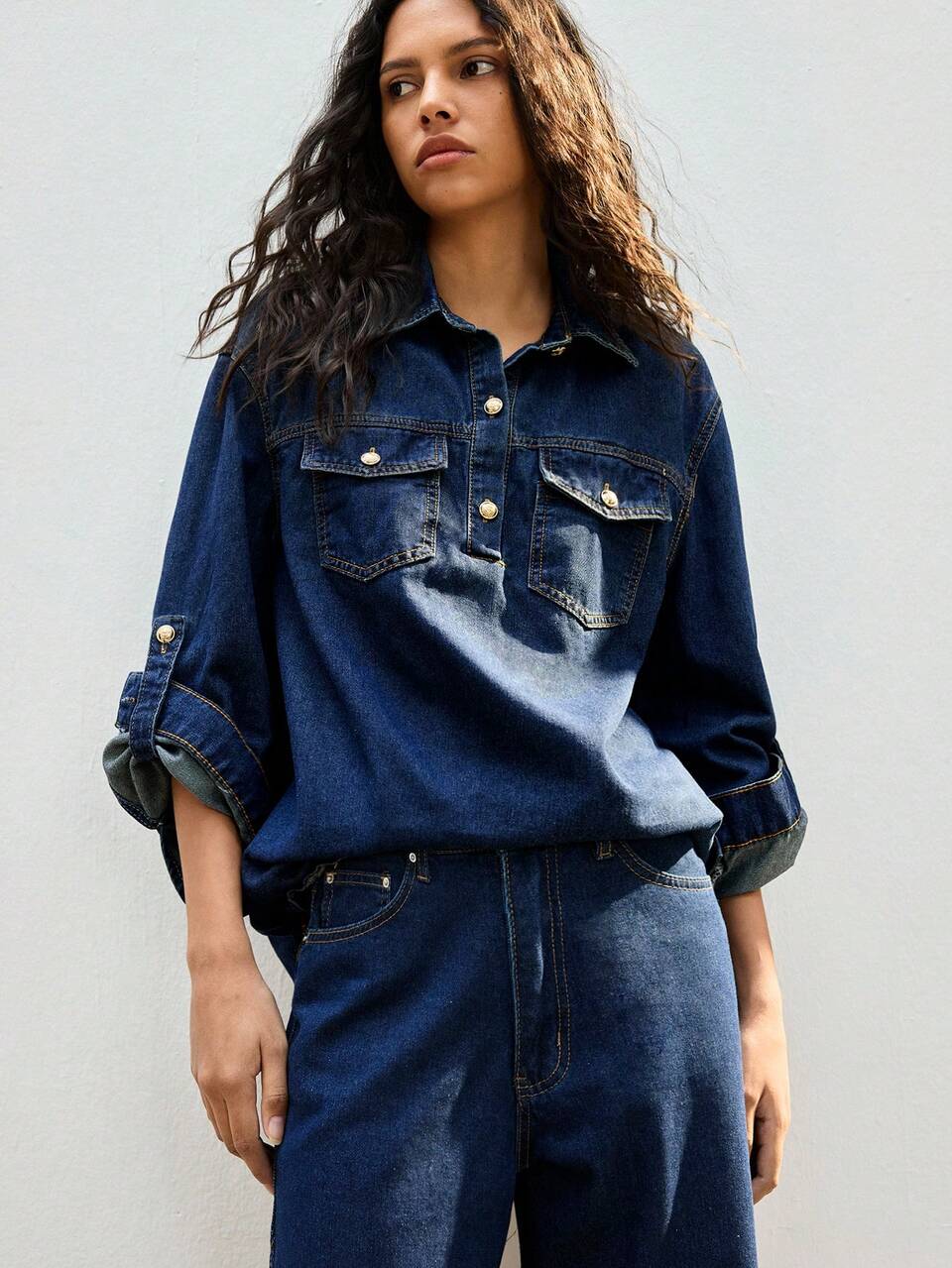 SHEIN Maija Women's Raw Denim Long-Sleeved Shirt With Gold Metal Buttons Autumn/Winter Old Money Style Casual For Women