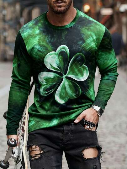 Manfinity Dauomo 男士上衣，四叶草全印花图案，圣帕特里克节图案印花，长袖圆领针织衫，时尚休闲内搭，优雅轻盈的T恤，情人节礼物，圣帕特里克节礼物，情侣礼物，男友礼物，返校礼物，2026新年礼物
