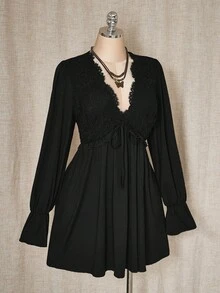 SHEIN ICON Váy mini ren chắp vá màu trơn cỡ lớn cho nữ mùa thu - màu đen - Xem 6