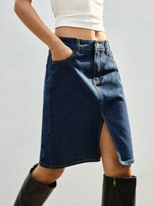 Maija 女士休闲通勤牛仔裙，带口袋和侧开衩 - 深色水洗藍 - 查看 1