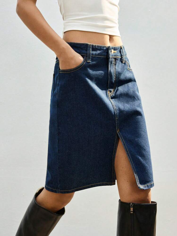 SHEIN Maija Women's Dark Blue Midi Denim Skirt, Low Waist, Elegant Skirt With Pocket, Spring ,Everyday Casual