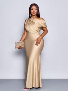 SOLERSUN Women's Plus Size Wedding Party Elegant Apricot Knitted Shiny Fabric Asymmetric Off-The-Shoulder Sleeveless Splicing Receive Waist Slim Fishtail Skirt Long Dress,Maxi Dress,Elegant Dress For Women,Party Dress,Formal Dress,White Dress,Luxury Evening Dress For Women,Wedding Guest Dress,Beige Dress,Christmas,Summer,2026,New Year,Chinese ,Valentine,Sexy,Vacation