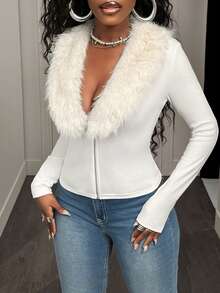 BamGleam 女士休闲纯色仿毛领拉链外套 - 白色 - 查看 3