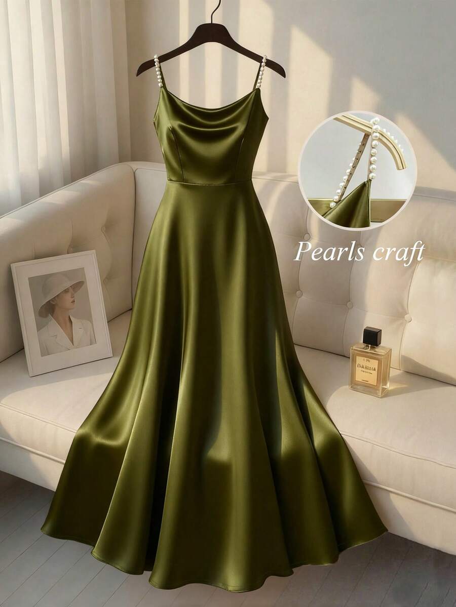 SHEIN Franclia 女士优雅缎面珍珠吊带裙，A 字廓形，适合通勤、派对和活动