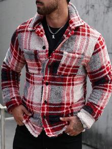 Manfinity CasualCool Chaqueta de forro polar con bolsillo de parche de patrón a cuadros casual para hombres, adecuada para el trabajo y el transporte, otoño/invierno - Multicolor - Ver 4