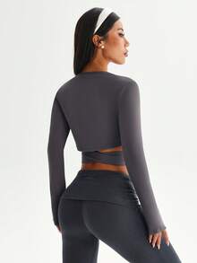 Dewbera 女士瑜伽健身户外长袖T恤，腰部系带可调节，百搭款式 - 深灰色 - 查看 5