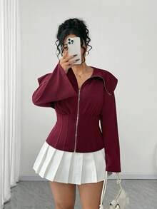 SHEIN Clasi Plus Size Women Zipper Front Cinched Waist Flare Sleeve Sweatshirt, Fashionable & Versatile - Burgundy - View 5