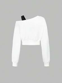SHEIN Unity Slogan Graphic Asymmetrical Neck Drop Shoulder Crop Sweatshirt GRANT 1996 TOURISM KEEP YOUR FEET ON YOUR TRACK,Long Sleeve Tops Graduation,Back To School Outfits,Graduation,Teacher Outfits For Women,Back To School Pullover Fall Outfit - White - View 2