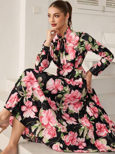 Modelyn Women's Ruffle Tie Neck Pleated Floral Print Elegant Party Dress
