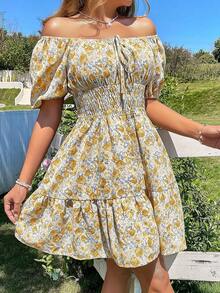 Breezaya Vestido elegante de cuello cuadrado con mangas abullonadas y estampado floral diminuto - Amarillo - Ver 5