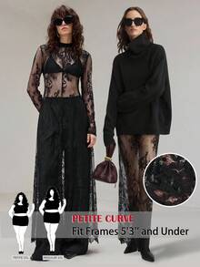 SHEIN PETITE CURVE Đầm suông cổ đứng ren hoa gợi cảm cỡ lớn cho nữ - màu đen - Xem 1