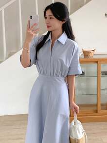 DAZY 女士翻领短袖收腰休闲优雅中长连衣裙 - 藍色 - 查看 8