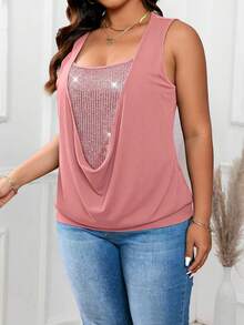 EMERY ROSE Plus Size Square Neck Knit Top, Minimalist Sleeveless 2 In 1 Soft Knit Sequin Patchwork Cinched Waist Loose Casual Camisole And Tank Top - Pink - View 1