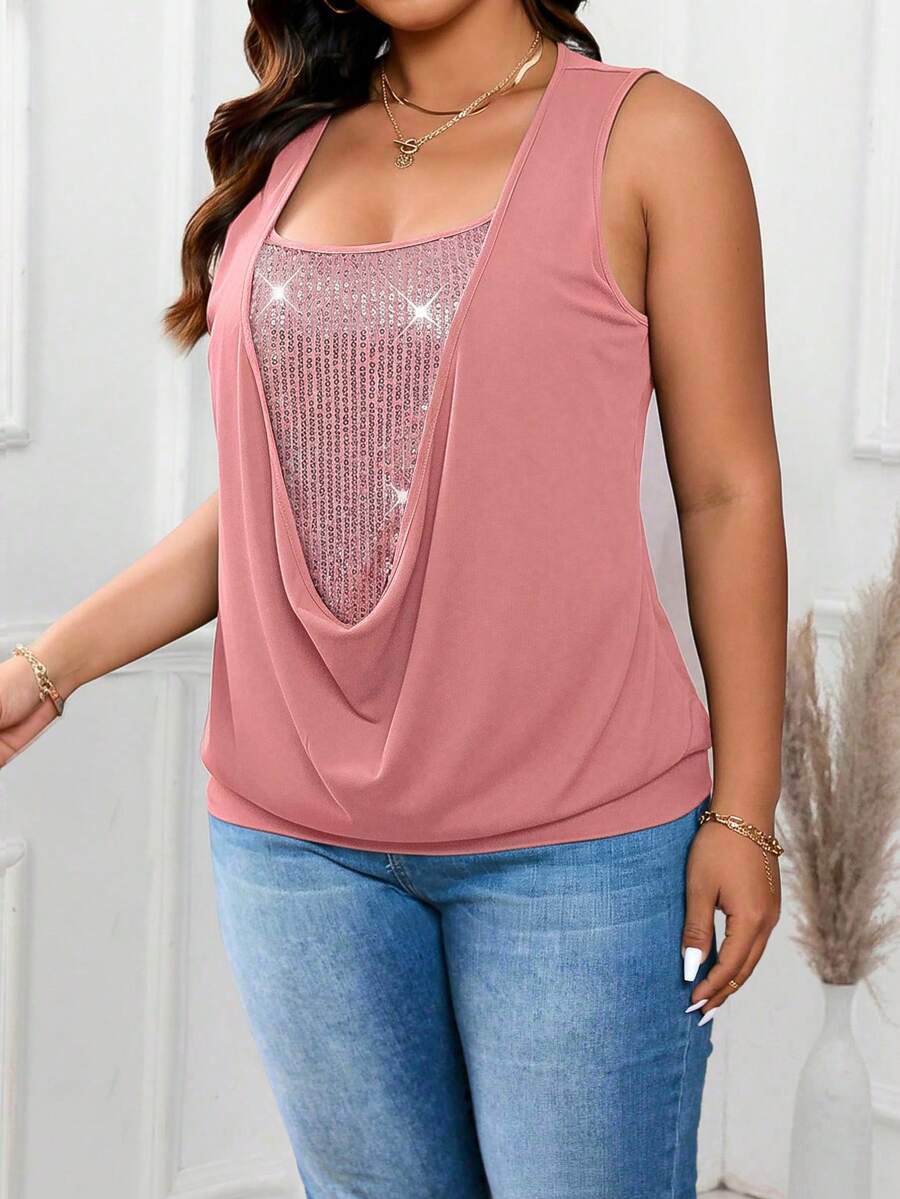 EMERY ROSE Plus Size Square Neck Knit Top, Minimalist Sleeveless 2 In 1 Soft Knit Sequin Patchwork Cinched Waist Loose Casual Camisole And Tank Top - Pink - View 1