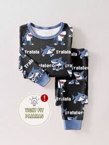 男童睡衣套装，修身款，卡通鲨鱼印花，长袖上衣和裤子，春秋季 - 黑色 - 查看 3