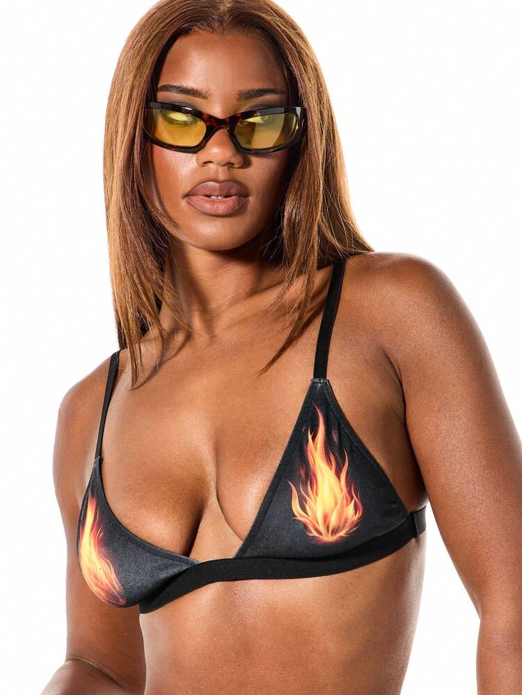 SUMWON Flame Print Triangle Bralette With Adjustable Straps And Unlined Soft Cups For Everyday Comfort