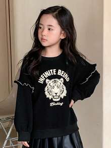 DAZY Young Girls Crew Neck Knit Printed Sweatshirt, Fall Spring - Black - View 3