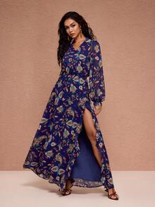 JIAN LASALA 全印花雪纺翻领主教长袖高开衩女式长裙灯笼袖连衣裙波西米亚风连衣裙佩斯利花纹连衣裙沙滩婚礼宾客 - 藍色 - 查看 5