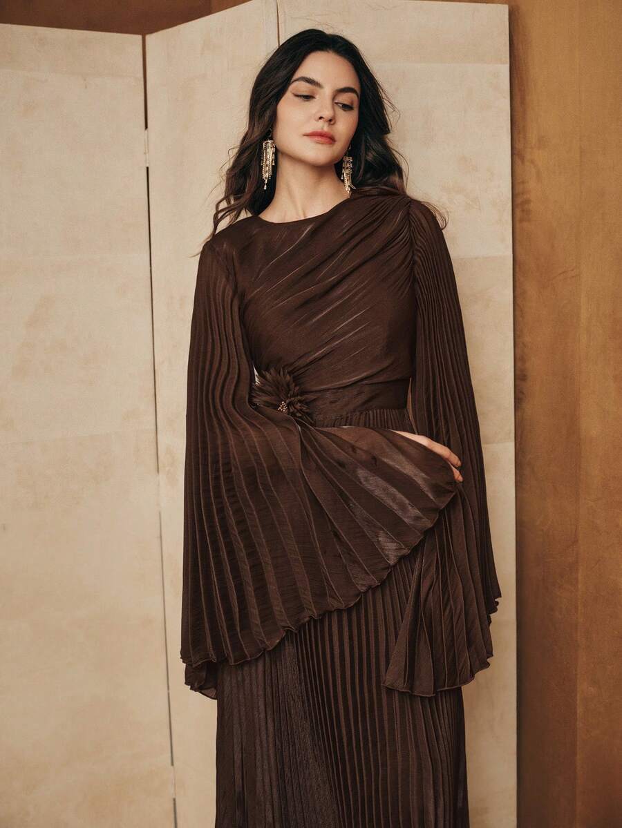 Anewsta Women's Pleated Dress, Elegant And Versatile, Floral Decor Kaftan Robe - Dark Brown - View 1