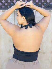 Truni Women's Plus Size Draped Front Backless Halter Bodysuit, Beach Outfits For Woman Beach Vacation Outfits, Spring Outfits For Women, Summer Outfits For Women, Concert Outfit Women, Rave Outfits Festival, Streetwear For Women, Graduation Outfit Women, For Pear Triangle Body Shape - Black - View 2